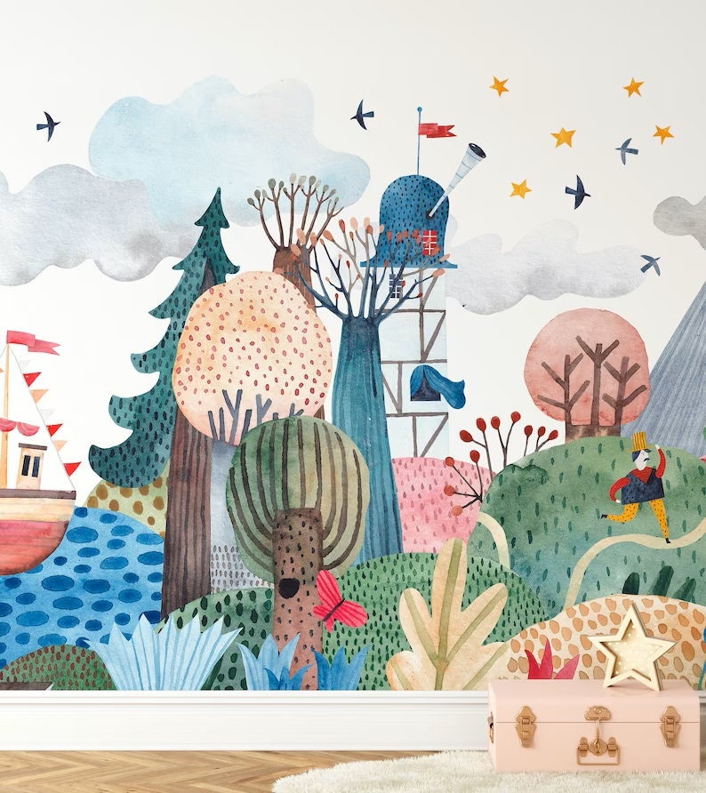 Watercolor Effect Kids Wallpaper , Cartoon Pattern Nursery Wall Mural ...