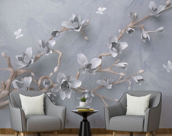 3D White Flower Branch Wallpaper: Embossed Peel and Stick Wall Mural