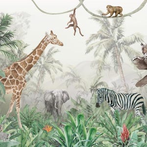 Carta da parati 3D con animali da safari - arte murale 3D con animali selvatici - design 3D con animali da safari - murale con animali della giungla - murale con giraffa, tigre, elefante, scimmia, zebra