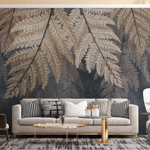 Carta da parati botanica con foglie staccabile e attaccabile, carta da parati autunnale con foglie grandi, murale floreale impermeabile rimovibile, decorazione murale moderna Art Déco