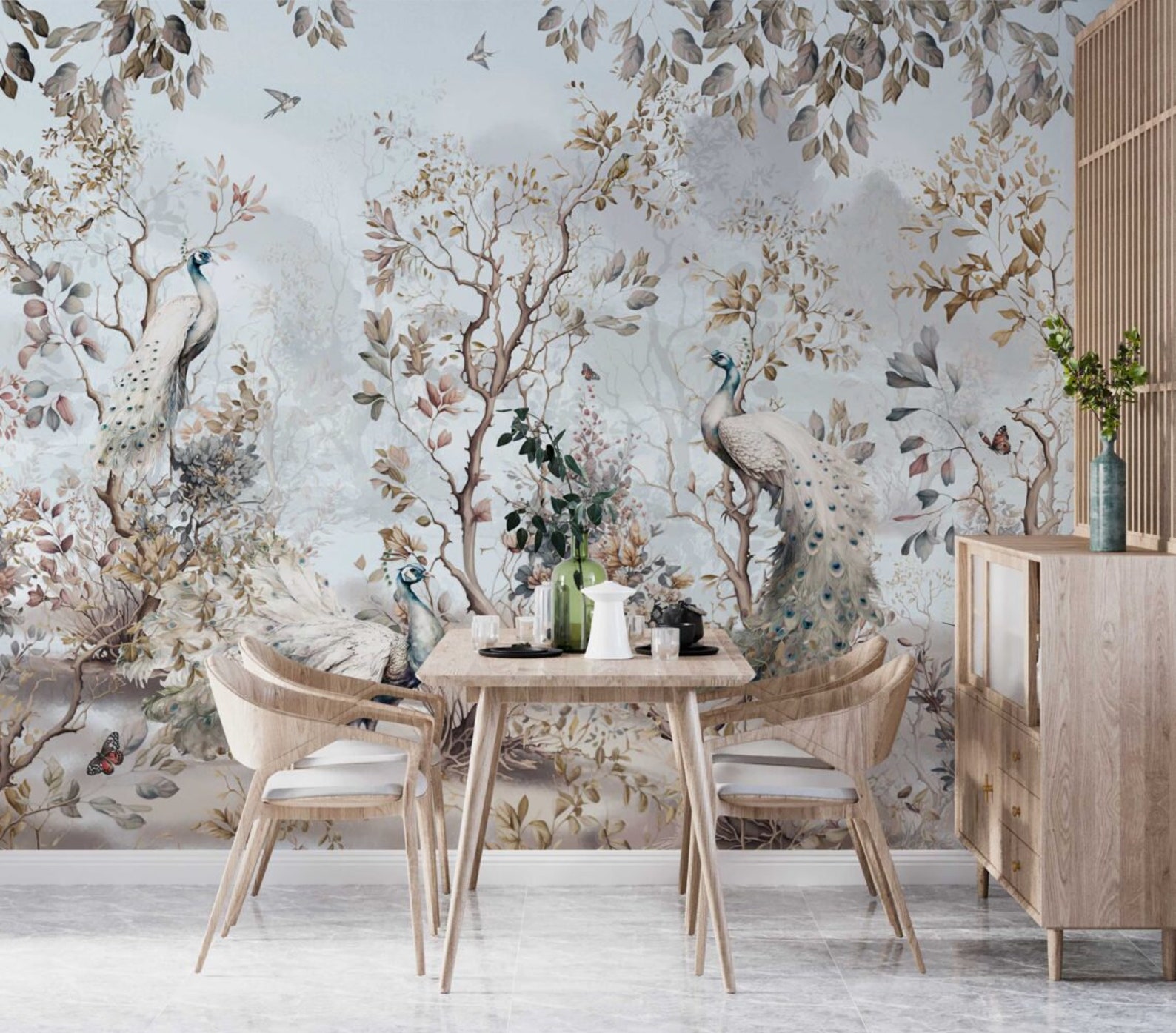 Peacocks Themed Wallpaper-trees and Leaves in Autumn Mural-tropical