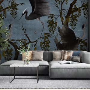 Crane Bird Wallpaper , Big Birds Wallpaper , Blue Chinoiserie Wallpaper , Floral Wall Mural