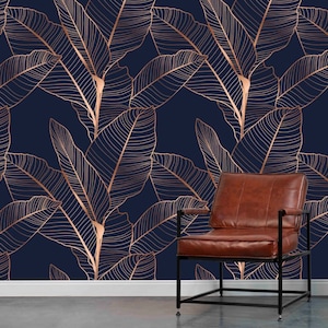 Botanische Wohnzimmerdekoration-mit Bronze Detail Wandbild-Wand mit Bronze Detail-Bronze Blatt detaillierte marineblaue Tapete-Wohnzimmer