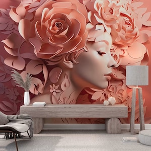 Dark Pinky Flowers Wallpaper 3D Look für Wohnzimmer-Big Blumen mit Frauenlook Themed Wandbild-Ästhetische Wohnkultur