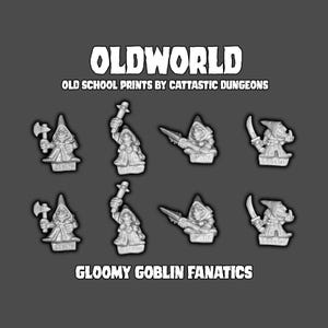 May include: Set of eight 3D printed miniature goblin figures in a hooded cloak, holding various weapons, including axes, swords, and daggers. The figures are painted in a gray color and are labeled "Gloomy Goblin Fanatics".