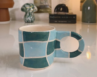 Wavy Checkered Ceramic Mug - Aesthetic Pottery Mug - Checkered Ceramic Mug - Ceramic Coffee Cup - Aesthetic Home Goods