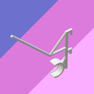 May include: A white, abstract, 3D-rendered object against a background of purple and pink. The object has a curved base, a vertical support, and a horizontal arm. The design is minimalist and geometric.