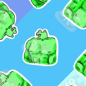 May include: A repeating pattern of green frog illustrations on a blue and purple diagonal background. Each frog is stylized with a muscular build and a smiling expression. The design has a cartoonish aesthetic.