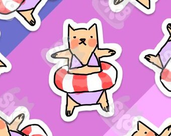 Tabby Tide / Funny Sticker / Cat Sticker / Playful / Matte Vinyl Sticker / Waterproof Weatherproof / Animal / Orange Cat / Swimming / Ocean