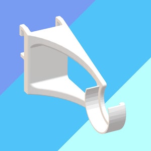 May include: White plastic wall mount bracket with a curved hook. The bracket is designed to hold a shelf or other object.