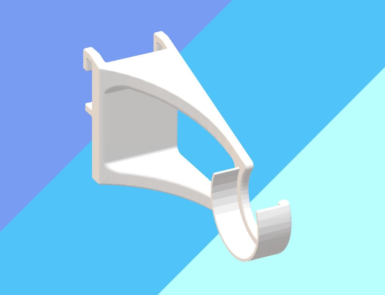May include: White plastic wall mount bracket with a curved hook. The bracket is designed to hold a shelf or other object.