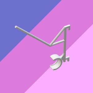 May include: A white, abstract, geometric sculpture against a background of purple and pink. The sculpture has a curved base and a horizontal bar extending from a vertical support. The design is minimalist and modern.