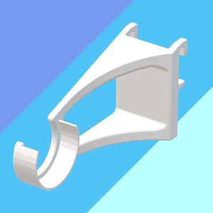 May include: White plastic curtain rod bracket with a curved hook. The bracket is designed to be mounted to a wall or ceiling.