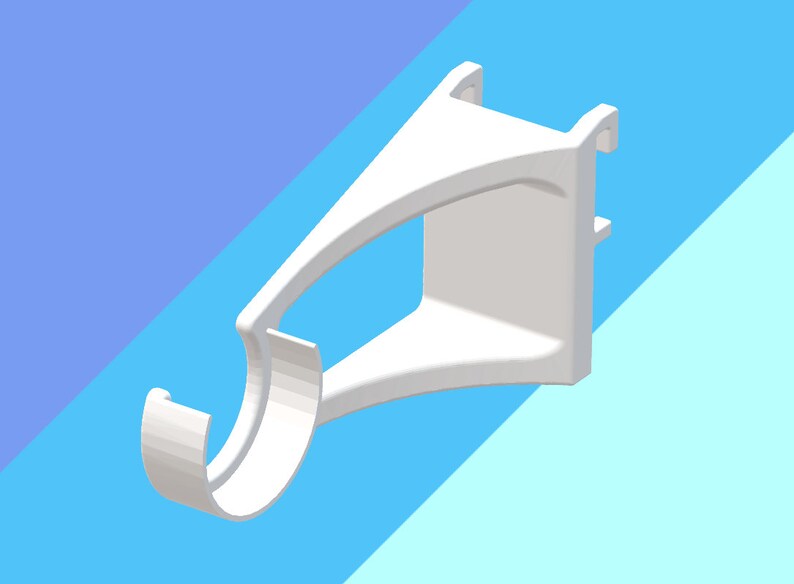 May include: White plastic curtain rod bracket with a curved hook. The bracket is designed to be mounted to a wall or ceiling.