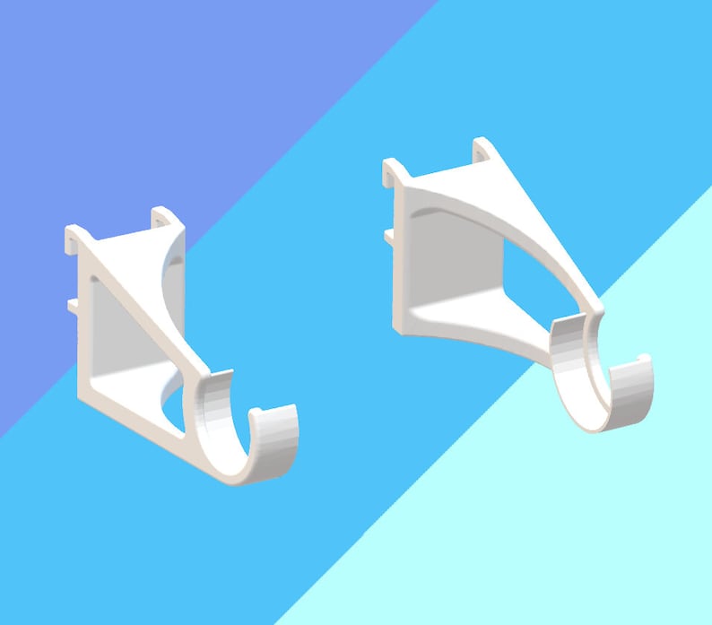 May include: Two white plastic shelf brackets with a curved hook on the end. The brackets are angled and have a rectangular opening in the middle.