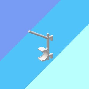 May include: A white, 3D-rendered object with a curved, semi-circular design and a horizontal bar extending from the top. The object is set against a backdrop of blue and light blue diagonal stripes.
