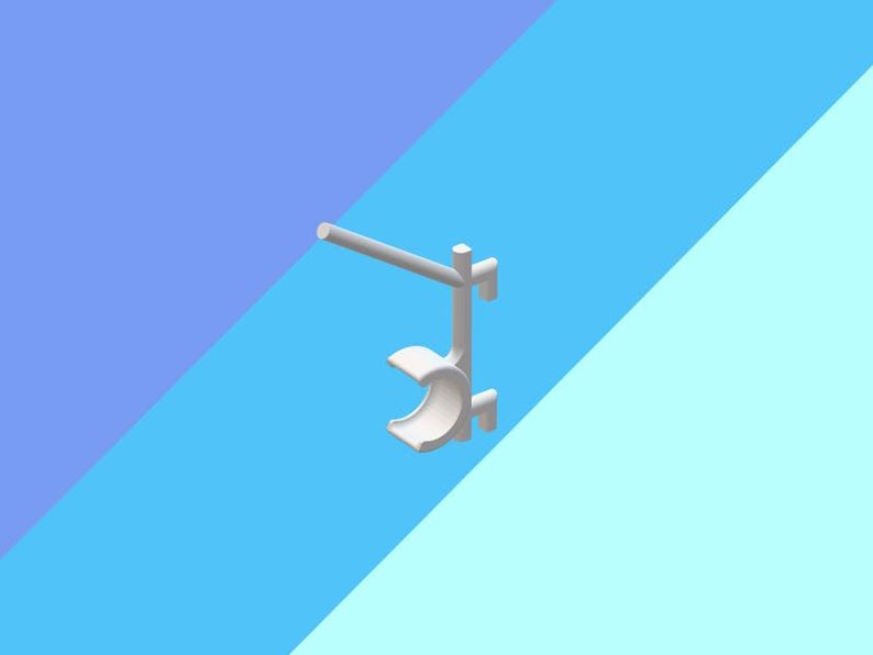 May include: A white, 3D-rendered object with a curved, semi-circular design and a horizontal bar extending from the top. The object is set against a backdrop of blue and light blue diagonal stripes.