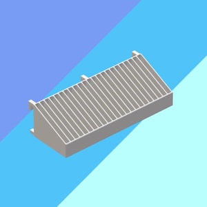Puede incluir: Vista isométrica de un objeto rectangular gris claro con líneas verticales paralelas en la parte superior. El objeto tiene pequeñas extensiones rectangulares en cada extremo. El fondo es un degradado de azul y azul claro.