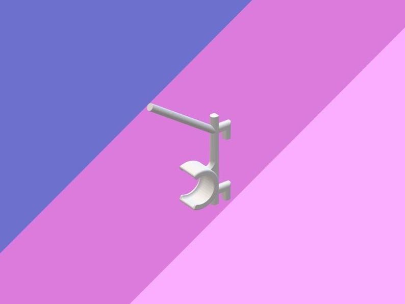 May include: A white, 3D-rendered object with a curved, semi-circular design and a horizontal bar. The object is set against a background of diagonal purple and pink sections. The design appears to be a holder or support.