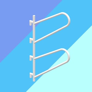 May include: White metal towel rack with three bars mounted on a wall. The rack is angled slightly to the right.