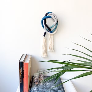 Rope knot wall hanging, Fiber sculpture wall art in blue colors, Modern macrame wrapped knot for home decor