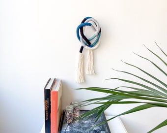 Rope knot wall hanging, Fiber sculpture wall art in blue colors, Modern macrame wrapped knot for home decor