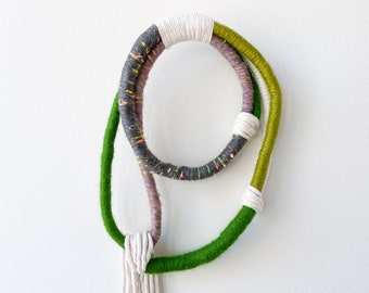 Modern textile knotted wall hanging, Green wrapped rope knot wall ornament, Textile rope wall art for minimalist interior