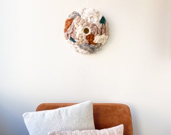 Neutral Textured Wool Wall Art - Round Woven Tapestry Decor - Handcrafted Circular Wall Weaving