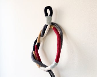 Wrapped knot fiber art for vertical decor, Eclectic rope wall hanging, Knotted macrame wall sculpture for home decor