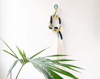Wrapped macrame rope wall hanging, Colorful knotted fiber art decor, Fiber art sculpture for contemporary interior