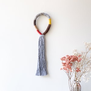 Fringed rope art for mural decor, Wrapped macrame knot wall hanging, Grey knotted wall art tassel, Soft yarn loop for home