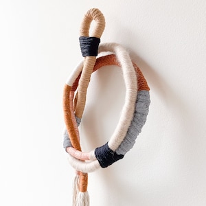Boho macrame knot rope wall art, Modern wrapped wall hanging for home decor, Knotted rope art in earth tones