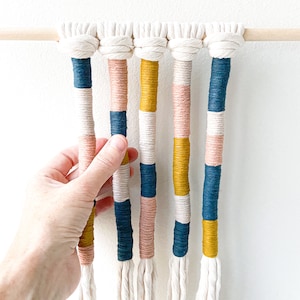 Modern wrapped macrame wall panel, Tassel rope wall hanging with fringe, Mural wrapped cord art for home interior