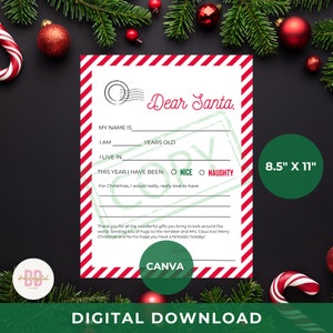 Lieber Weihnachtsmann Brief | Lieber Weihnachtsmann Brief | Weihnachts-Liste | Sofortiger digitaler Download für druckbare Santa Brief | Canva Vorlage