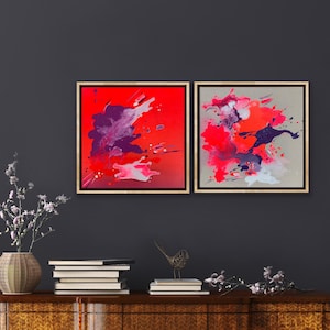 Abstract art | Neon | Set | Framed canvas | 30 x 30 cm each | Acrylic painting | Textured wall art pink purple orange modern 3D minimalist