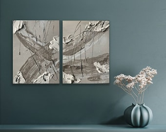 beige I | Structural image | Set of 2 each 30 x 40 cm | Acrylic painting abstract wall picture beige canvas modern 3D minimalist texture white gray gift