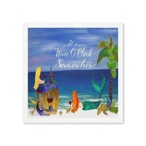May include: A square painting featuring a beach scene with two mermaids, a wooden barrel, and a palm tree. The text It's Wine O'Clock Somewhere is centered in white script. One mermaid has blonde hair, the other red hair, with wine glasses.