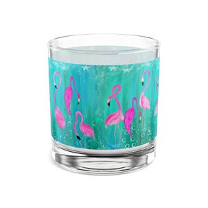 Flamingos Coastal Rocks Glass: Beach Barware, 10oz