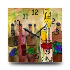 May include: Square wall clock with a watercolor painting of wine bottles, glasses, and grapes. The clock face features black numbers and hands, with a background of yellow, green, and brown hues. The design evokes a wine-themed aesthetic.