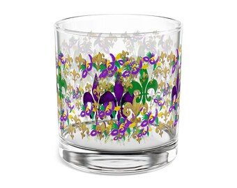 Mardi Gras Rocks Glass, 10oz - Purple Green Gold Glassware Barware, Party Gift Item