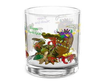 Cajun Bayou Mardi Gras alligator run barware cocktail  Rocks Glass, 10oz with my art. Great Mardi Gras bar glass or gift item.
