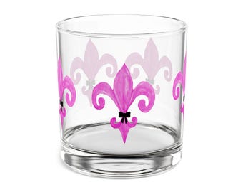 Pink Fleur-de-Lis Rocks Glass with Black Bow: Elegant Barware