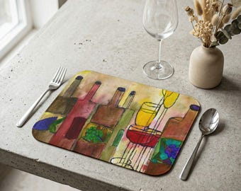 Watercolor Wine Bottles Leather Placemat | Vineyard Table Decor
