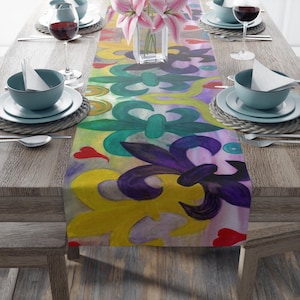 Colorful Mardi Gras Fleur-de-Lis and hearts art Table Runner | Purple gold green