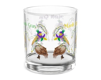 Pelican Mardi Gras Rocks Glass, 10oz - coastal Glassware Barware, Party Gift Item