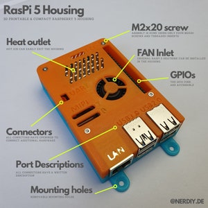 May include: An orange and teal Raspberry Pi 5 housing with labeled features. Text includes "RasPi 5 Housing," "Heat outlet," "Connectors," "Port Descriptions," and "Mounting holes." The housing has a fan inlet and USB ports.