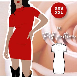 Mini-robe ajustée ROSIE, courte avec col roulé et manches courtes, basique en jersey - Patron de couture PDF, dimension femme