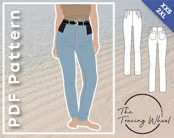 JORDAN pull-on stretch jeans with stretch panels, high waist back pockets, and belt loops - PDF sewing pattern women's sizing