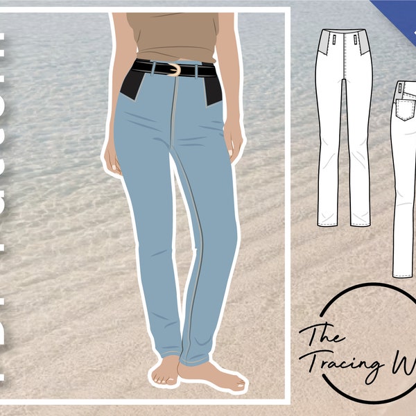 JORDAN pull-on stretch jeans with stretch panels, high waist back pockets, and belt loops - PDF sewing pattern women's sizing