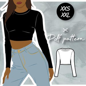 May include: A digital illustration of a woman wearing a black long-sleeved crop top and blue jeans. The image also includes a white long-sleeved crop top with the text "XS-XXL Puff pattern" on a gray background.